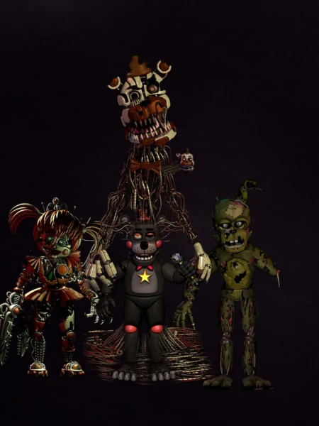 Le lore complet de Five Nights at Freddy's : histoire des animatroniques et secrets de la saga Molten Freddy en haut, Scrap Baby, Lefty et Scraptrap en bas
